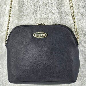 Carita Black Cross Hatched Faux Leather Crossbody Chain Accents
